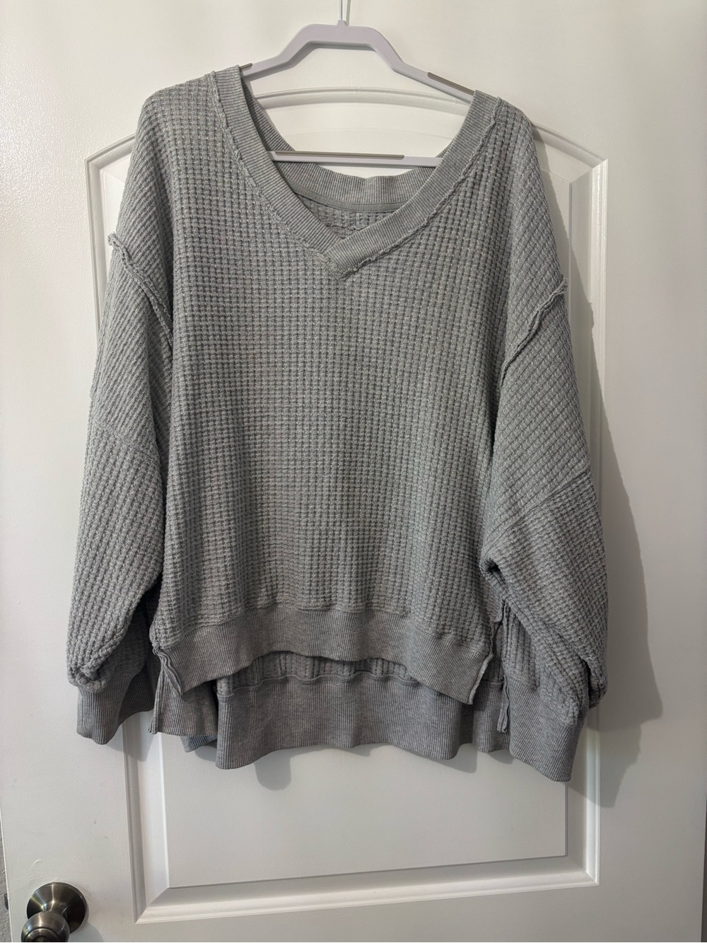 American Eagle Outfitters Light Gray Off-the-Shoulder Waffle Knit Sweater